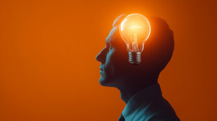 Symbol of a new idea: A man's head with a shining light bulb in place of his brain