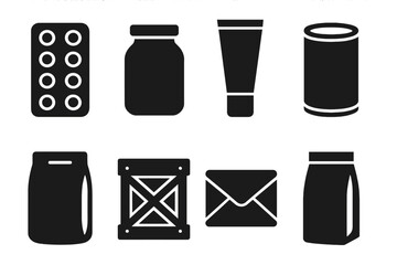 Product packaging icon set. Solid glyph vector collection of containers: blister pack, jar, tube, can, pouch, crate, envelope. For food, cosmetic, medical, shipping goods.