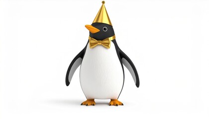 Fototapeta premium Festive Penguin Character Wearing Party Hat and Bow Tie on White Background