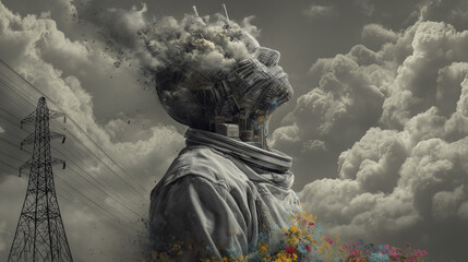 A powerful metaphor for industrial pollution and mental health: A person's head as a crumbling city emitting smoke