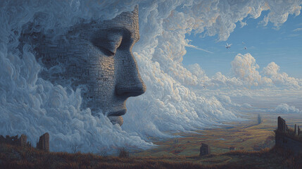 A surreal metaphor for consciousness and nature: A peaceful face made of rock and clouds