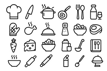 Food and cooking outline icon set. Culinary and kitchen line art collection. Vector pictograms for restaurant, menu, cafe. Simple minimal symbols for chef and utensils.
