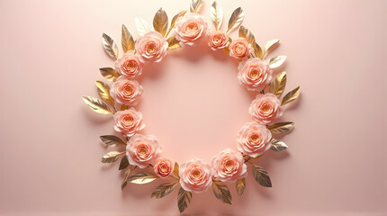 Elegant Pink Rose Flower Wreath with Gold Leaves on Soft Pink Background