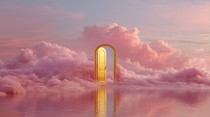 Gateway to new opportunities: A magical golden archway emerging from pink clouds and water, symbolizing hope and imagination.
