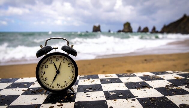 A black analog alarm clock showing 10:10 sits on a checkered surface near a moody beach, with waves and rocky cliffs in the background—juxtaposing time, geometry, and nature’s timeless rhythm. - Powered by Adobe