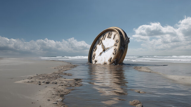 Metaphor for lost time and fading memories: A surrealist scene of a clock being washed away by the ocean tide