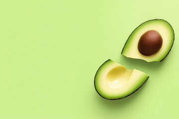 Avocado half isolated on green background with empty space for text