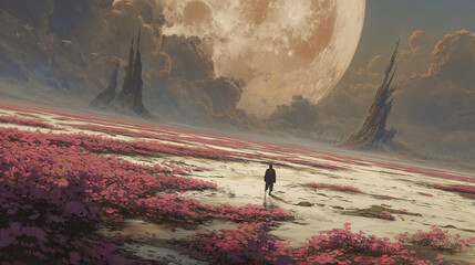 An explorer walking through a field of pink flowers on a surreal alien planet with a giant moon in the sky