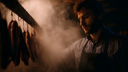 Fototapeta premium Man carefully placing smoked sausages in a hanging rack in a traditional smokehouse