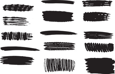 Brush set. Vector black paint brush spots, highlighter lines or felt-tip pen marker. Ink smudge abstract shape stains and smear set with texture 