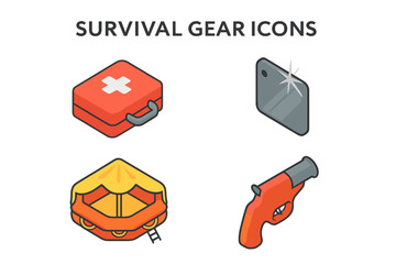 Survival gear icons set with isometric flat design, including safety equipment, first aid kit, flare gun, signal mirror, life raft, and essential survival tools, vector illustration