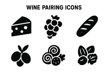 Wine pairing icons set with solid filled style, featuring cheese wedge, grapes, baguette, olives, charcuterie, nuts, elegant food and wine vector illustration on transparent background