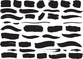 Brush set. Vector black paint brush spots, highlighter lines or felt-tip pen marker. Ink smudge abstract shape stains and smear set with texture 