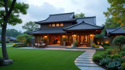 A luxurious modern home nestled in a green landscape with a spacious yard and contemporary design, 3D render.