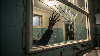 Skeletal hand reaching through shattered mirror in derelict bathroom; dark, eerie, horror aesthetic.