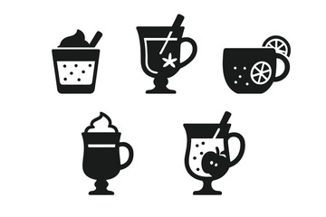 Winter cocktail icons set with solid filled style including eggnog, mulled wine, hot toddy, Irish coffee, spiked cider, festive drink illustrations, cozy holiday beverages vector