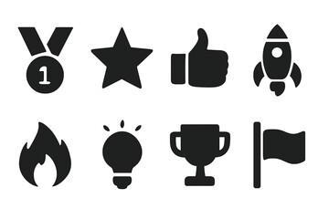 Team motivation icons set with solid filled design including medal, star, thumbs up, fire, rocket, light bulb, trophy, flag for success, achievement, and inspiration concepts