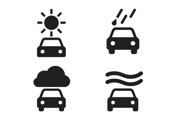 Weather road icons set with solid filled style including clear sky, rain on windshield, cloud cover, foggy conditions, vector illustration for weather and travel design