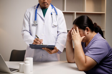 overweight Asian woman consults with a health expert in a private office, discussing wellness, lifestyle changes, and medical advice. The scene reflects guidance, support