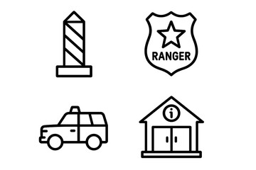 Protected area management icons. Ranger badge, boundary post, patrol car, visitor center. National park service symbols. Nature reserve and conservation vector outline icon set.