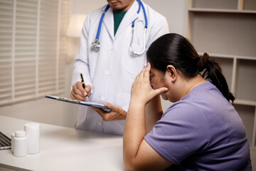 overweight Asian woman consults with a health expert in a private office, discussing wellness, lifestyle changes, and medical advice. The scene reflects guidance, support
