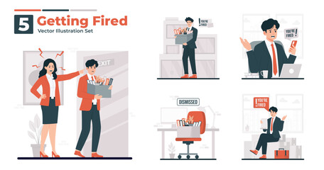 Obraz premium Fired vector illustration set employee being fired losing job, holding a box of office supplies with a worried expression, angry boss, receiving a termination notice, and sitting in a dismissed office