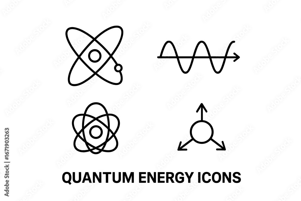 Poster quantum physics outline icon set with subatomic energy symbols. vector illustrations for science and