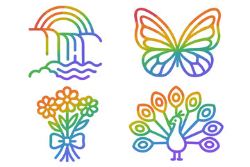 Rainbow nature outline icons set. Colorful gradient vector collection of waterfall, butterfly, flower bouquet, peacock. Pride, LGBTQ, diversity, beauty, and joy concepts.