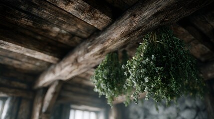 Dried herbs hanging from a rustic ceiling beam