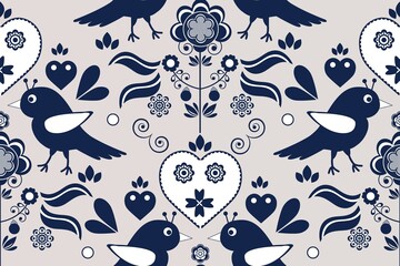 Cartoon seamless background in blue and white for kids. Seamless texture tile with vintage motives.
Cheerful regular pattern for children with birds. Blue and white design for printing.