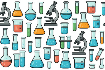 Science laboratory seamless pattern. Vector cartoon background with chemistry and biology research equipment. Microscope, flask, beaker, test tube illustration for education.