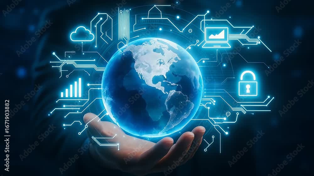 Poster hand holding glowing earth globe with circuit network and security icons on dark background