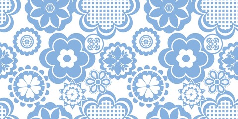 Blue white seamless background with flowers.
Abstract, repeating regular pattern for print.
Graphic design with regular shapes.