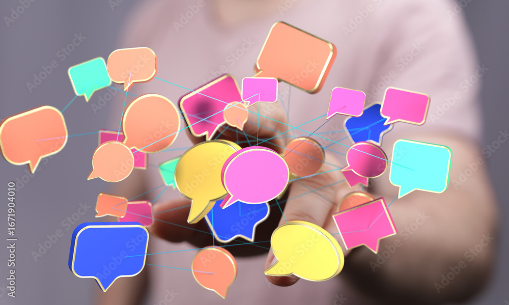 Poster abstract image of interconnected speech bubbles, representing communication, social media, and netwo