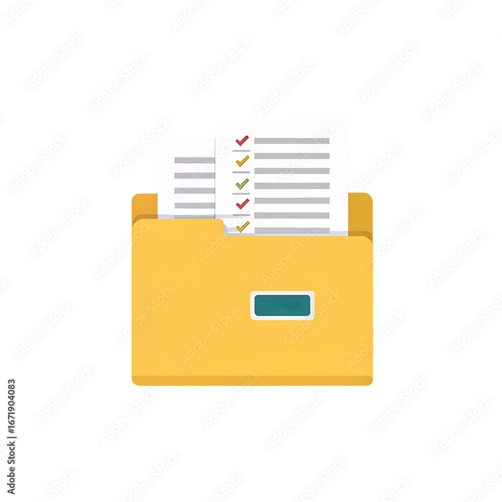 Aufkleber yellow folder with documents and checklist isolated on transparent background