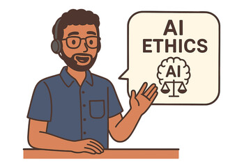 AI ethics concept vector illustration. Man with headset discussing artificial intelligence morality, law, and responsibility. Technical support or consultant cartoon character.