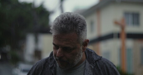 Obraz premium Middle aged man glancing to the side in rain with concerned expression, tense posture and emotional weight in urban street setting