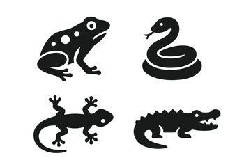 Rainforest animals icon set. Jungle wildlife vector silhouettes. Frog, snake, lizard and alligator glyphs. Reptile and amphibian symbols for nature and zoo design concepts.