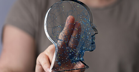 Abstract image of a human head with neural network connections. AI, technology, brain, mind.