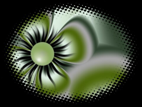 Fractal image in an oval frame with flowers on a dark background..Template with place for inserting your text.Multicolor flowers.