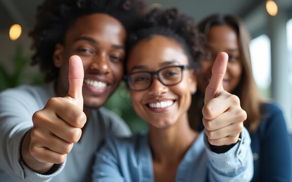 Overjoyed young diverse employees workers show thumb up recommend good quality company service. Generative AI. High quality