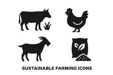 Sustainable farming icon set. Vector glyph symbols of livestock, agriculture, pasture cow, free-range chicken, goat, and organic feed. Eco friendly animal husbandry concept.