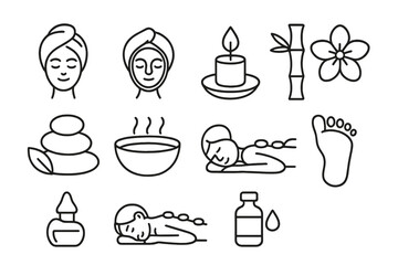 Spa and Wellness Linear Icon Set with Relaxation, Therapy, Beauty Care Symbols, Bamboo, Candle, Hot Stones, Massage, Aromatherapy, Foot Care, Facial, and Essential Oils Vector Collection