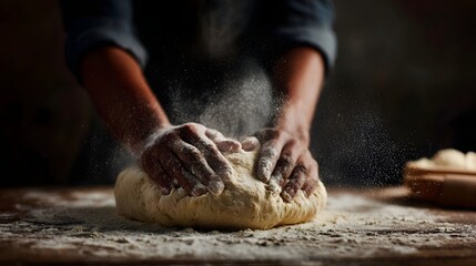 Hands kneading dough on a floured table in a bakery setting