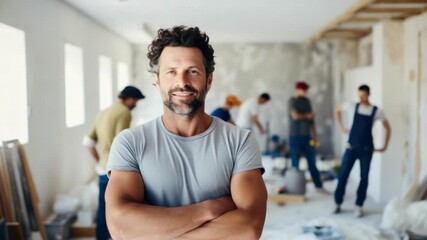 Construction team working on a renovation project inside a house with a smiling foreman leading the effort