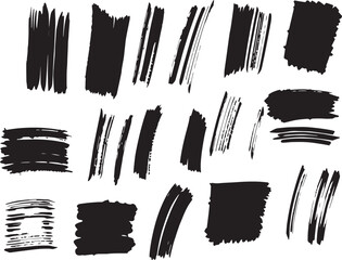 Brush set. Vector black paint brush spots, highlighter lines or felt-tip pen marker. Ink smudge abstract shape stains and smear set with texture 