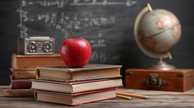 A shiny red apple resting on a stack of old books in front of a chalkboard, with a globe, pencils, and vintage items in the background. The scene symbolizes education and traditional classroom learnin