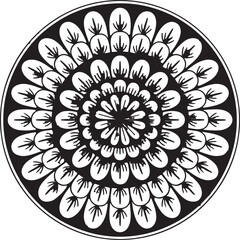 Intricate Black and White Mandala Design This symmetrical mandala design features a complex, detailed flower pattern radiating outward from the center.