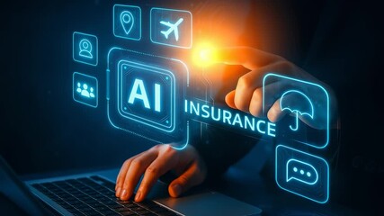 Hand Touching AI Insurance Text with Laptop and Holographic Icons like Umbrella and Airplane - Powered by Adobe