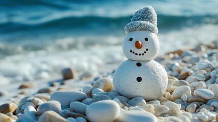 A snowman made of white stones with a hat smiles on a beach filled with pebbles while waves roll in from the ocean